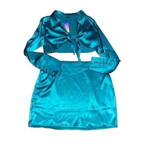 Emerald Green Tie Front Crop Top Skirt Set 2XL